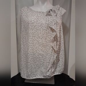 Anne Taylor Loft - Sleeveless White Blouse With Polka Dots & Ruffle Front, Sz XL
